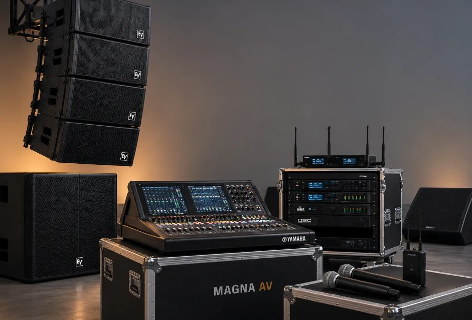 Line array speakers and mixing desk